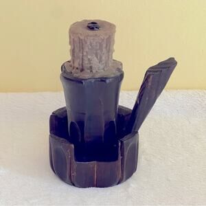Vintage Hand Carved Wooden Candle Holder Handle Candlestick